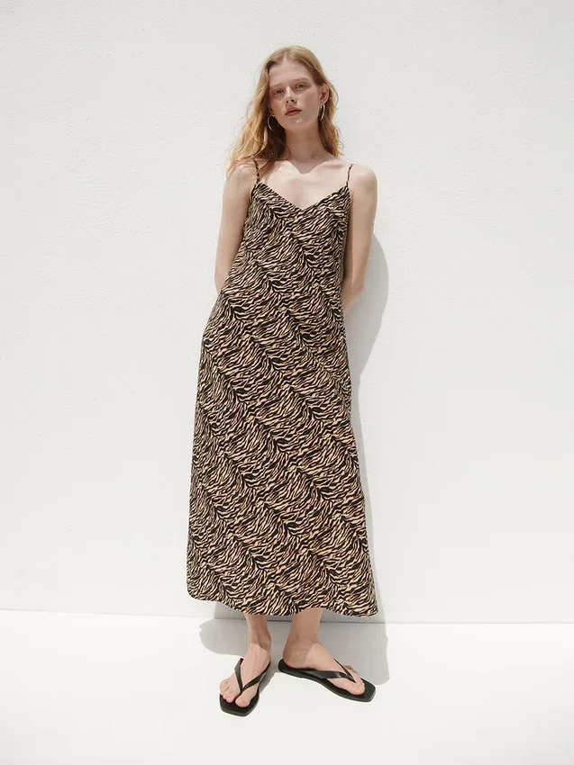 Zebra Desenli Midi Slip Elbise